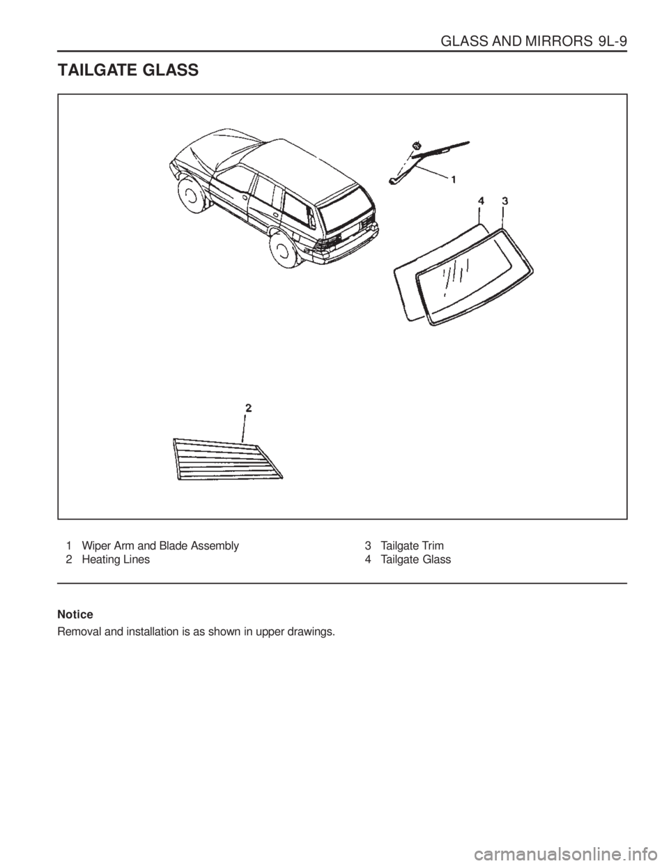 SSANGYONG MUSSO 2003  Service Manual GLASS AND MIRRORS  9L-9
TAILGATE GLASS
1 Wiper Arm and Blade Assembly 
2 Heating Lines3 Tailgate Trim
4 Tailgate Glass
Notice Removal and installation is as shown in upper drawings.  