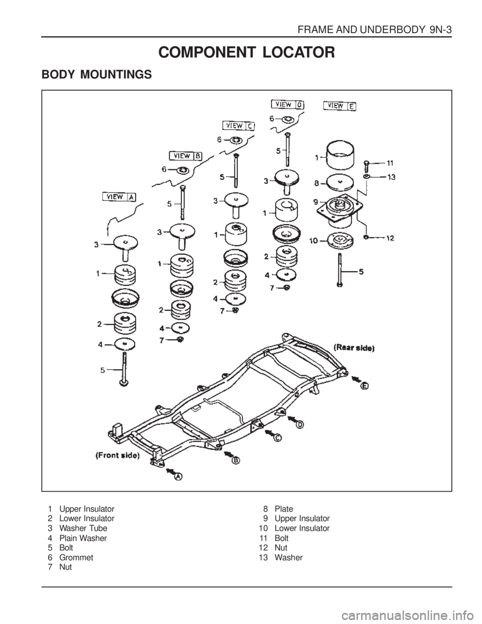 SSANGYONG MUSSO 2003  Service Manual FRAME AND UNDERBODY  9N-3
COMPONENT LOCATOR
BODY MOUNTINGS
1 Upper Insulator 
2 Lower Insulator 
3 Washer Tube
4 Plain Washer 
5 Bolt 
6 Grommet 
7 Nut 8 Plate 
9 Upper Insulator
10 Lower Insulator
11