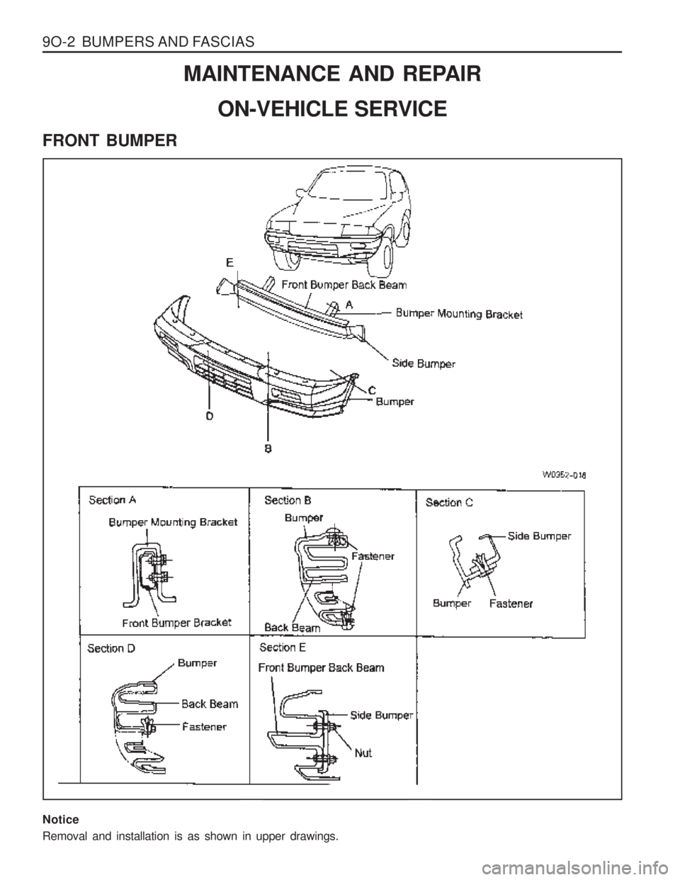 SSANGYONG MUSSO 2003  Service Manual 9O-2  BUMPERS AND FASCIASMAINTENANCE AND REPAIR
ON-VEHICLE SERVICE
FRONT BUMPER
Notice Removal and installation is as shown in upper drawings.  