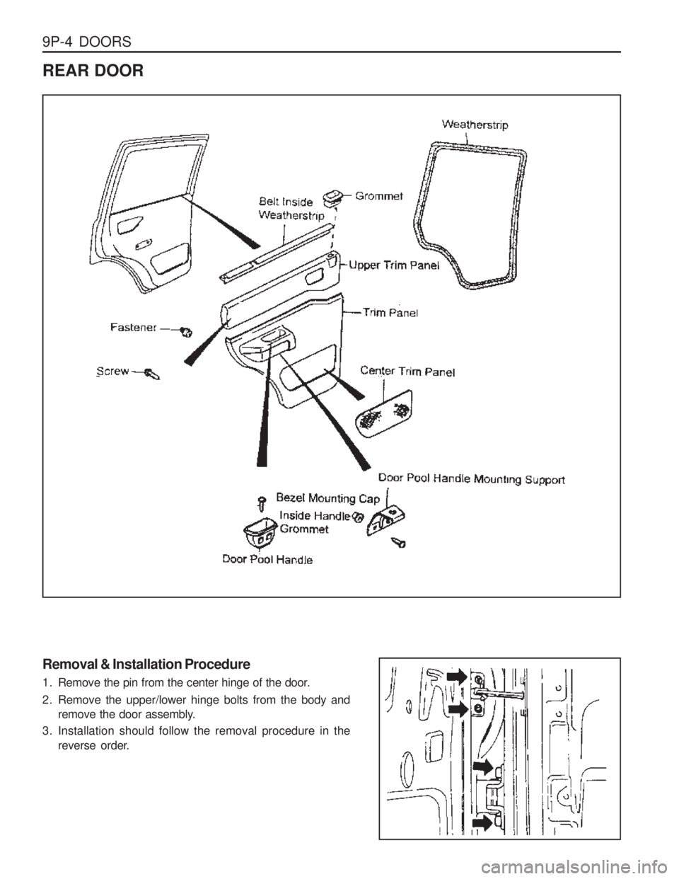 SSANGYONG MUSSO 2003  Service Manual 9P-4  DOORS REAR DOOR
Removal & Installation Procedure 
1. Remove the pin from the center hinge of the door. 
2. Remove the upper/lower hinge bolts from the body andremove the door assembly.
3. Instal