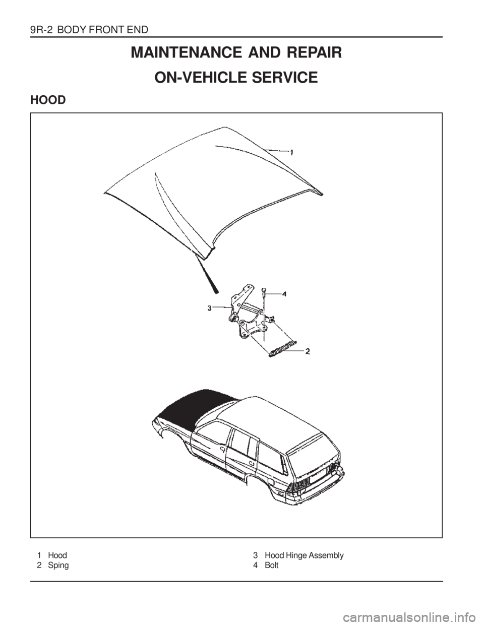 SSANGYONG MUSSO 2003  Service Manual 9R-2  BODY FRONT ENDMAINTENANCE AND REPAIR
ON-VEHICLE SERVICE
HOOD
1 Hood 
2 Sping3 Hood Hinge Assembly 
4 Bolt  