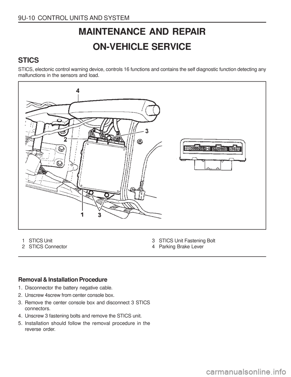 SSANGYONG MUSSO 2003  Service Manual 9U-10  CONTROL UNITS AND SYSTEMMAINTENANCE AND REPAIR
ON-VEHICLE SERVICE
STICS STICS, electonic control warning device, controls 16 functions and contains the self diagnostic function detecting any ma