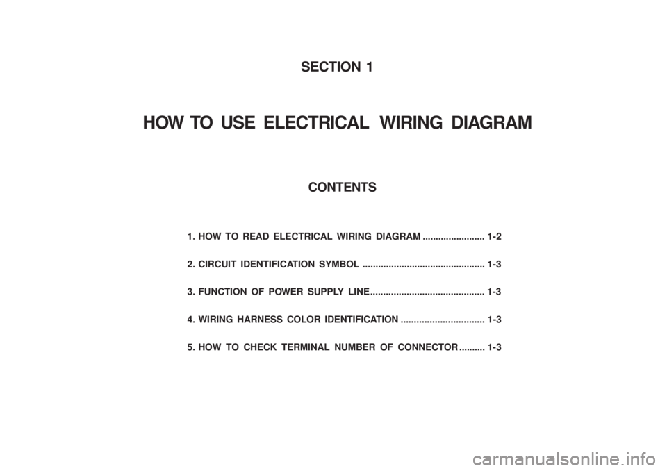 SSANGYONG MUSSO 2003  Service Manual 1. HOW TO READ ELECTRICAL WIRING DIAGRAM ........................ 1-2 
2. CIRCUIT IDENTIFICATION SYMBOL ............................................... 1-3 
3. FUNCTION OF POWER SUPPLY LINE ..........