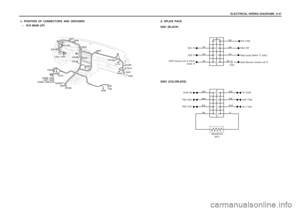 SSANGYONG MUSSO 2003  Service Manual ELECTRICAL WIRING DIAGRAMS  5-47
 W/H MAIN (I/P)
c. POSITION OF CONNECTORS AND GROUNDS
d. SPLICE PACK S201 (BLACK)
1 2 3 4
5 6 7 8
5C204
LW
LW
DLC 2 Stics 29
EGR Control unit 3 (DLC) Clock 3V