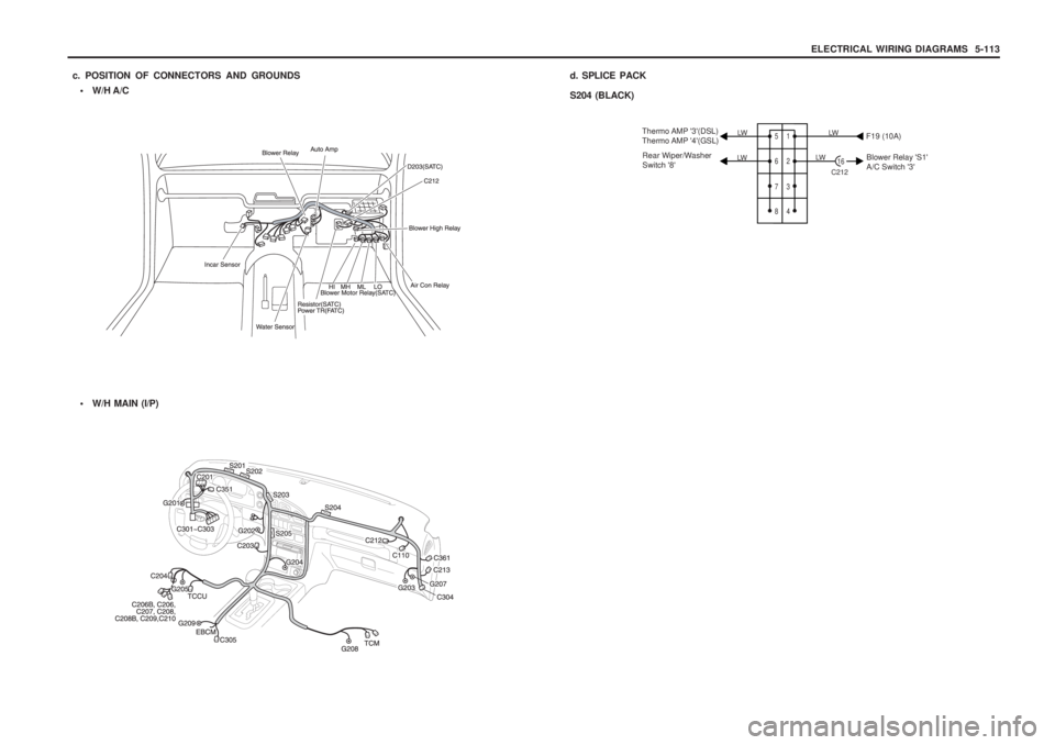 SSANGYONG MUSSO 2003  Service Manual ELECTRICAL WIRING DIAGRAMS  5-113
 W/H A/C
c. POSITION OF CONNECTORS AND GROUNDS

W/H MAIN (I/P)
d. SPLICE PACK S204 (BLACK)
1 2 3 4
5 6 7 8
16
Thermo AMP  3(DSL) 
Thermo AMP  4(GSL)
Rear Wiper/