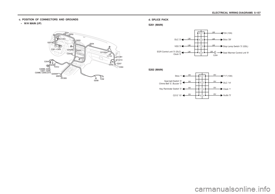 SSANGYONG MUSSO 2003  Service Manual ELECTRICAL WIRING DIAGRAMS  5-157
 W/H MAIN (I/P)
c. POSITION OF CONNECTORS AND GROUNDS
1 2 3 4
5 6 7 8
5C204
LW
LW
DLC 2 Stics 29
EGR Control unit 3 (DLC) Clock 3VSS 3 F24 (10A) 
Seat Warm