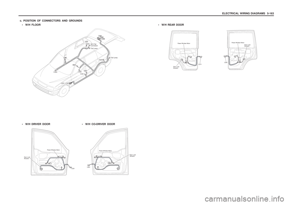 SSANGYONG MUSSO 2003  Service Manual ELECTRICAL WIRING DIAGRAMS  5-163
c. POSITION OF CONNECTORS AND GROUNDS  W/H FLOOR
W/H Tail Connector
C304 C305
C301 G302
G303
C301~C303
Tail Lamp
Tail Lamp

W/H DRIVER DOOR W/H CO-DRIVER DOOR
C351