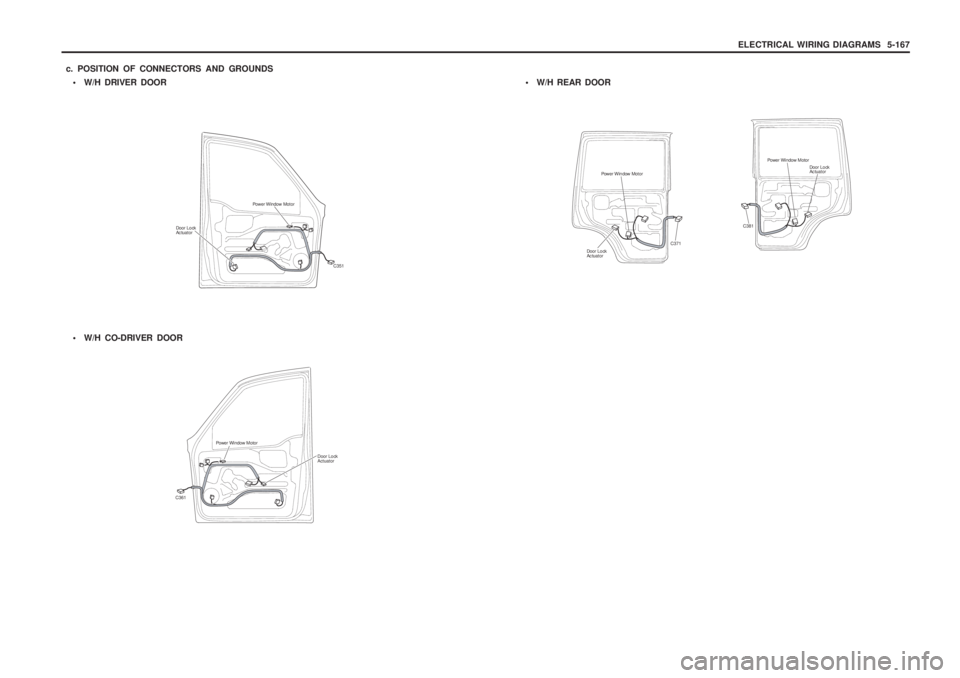 SSANGYONG MUSSO 2003  Service Manual ELECTRICAL WIRING DIAGRAMS  5-167
 W/H DRIVER DOOR
 W/H CO-DRIVER DOOR
C351
Power Window Motor
Door Lock Actuator
Door Lock Actuator C371
Power Window Motor

W/H REAR DOOR
Power Window Motor
Door L