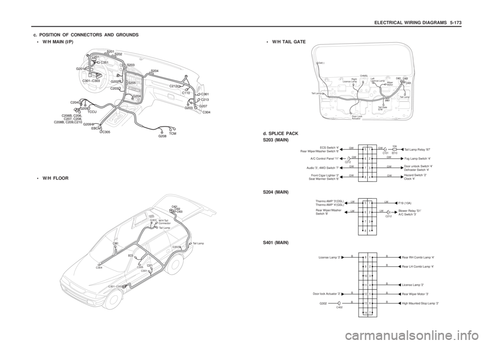 SSANGYONG MUSSO 2003 Service Manual ELECTRICAL WIRING DIAGRAMS 5-173
W/H MAIN (I/P)
c. POSITION OF CONNECTORS AND GROUNDS
W/H FLOOR
W/H Tail Connector
C304 C305
C301 G302
G303
C301~C303
Tail Lamp
Tail Lamp
Def(-)
Tail Lamp
Tail Lam SSANGYONG MUSSO 2003 Service Manual ELECTRICAL WIRING DIAGRAMS 5-173
W/H MAIN (I/P)
c. POSITION OF CONNECTORS AND GROUNDS
W/H FLOOR
W/H Tail Connector
C304 C305
C301 G302
G303
C301~C303
Tail Lamp
Tail Lamp
Def(-)
Tail Lamp
Tail Lam