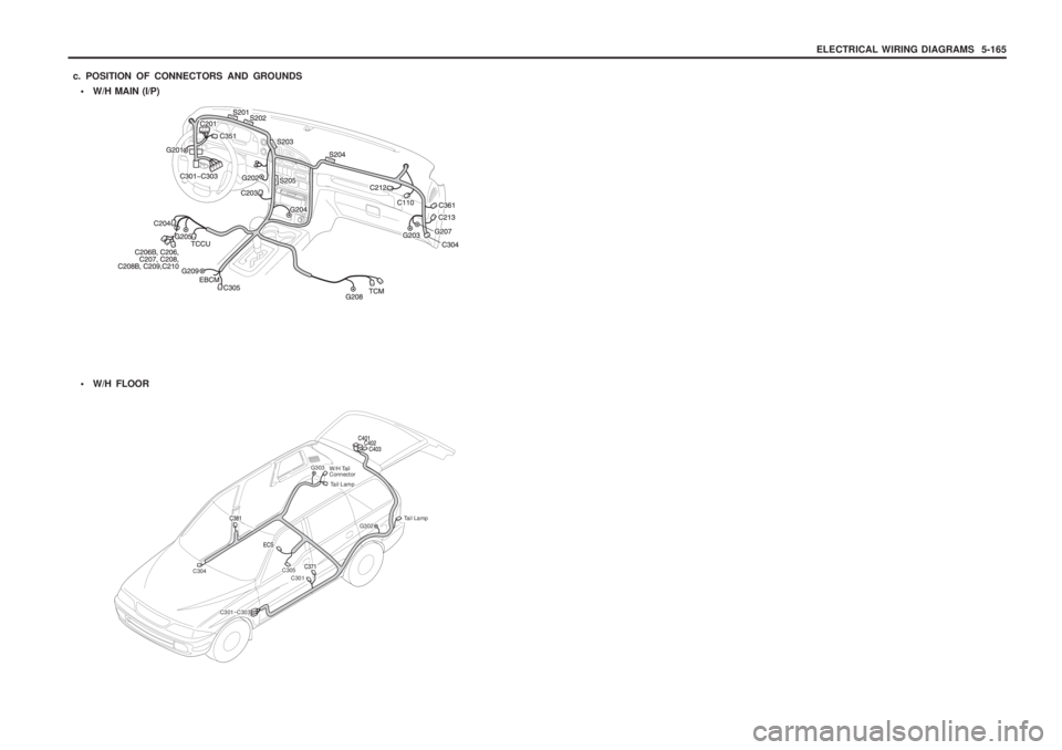 SSANGYONG MUSSO 2003  Service Manual ELECTRICAL WIRING DIAGRAMS  5-165
 W/H MAIN (I/P)
c. POSITION OF CONNECTORS AND GROUNDS
 W/H FLOOR
W/H Tail Connector
C304 C305
C301 G302
G303
C301~C303
Tail Lamp
Tail Lamp 