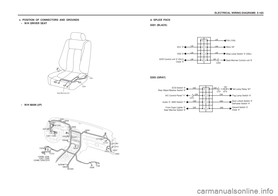SSANGYONG MUSSO 2003  Service Manual ELECTRICAL WIRING DIAGRAMS  5-183
c. POSITION OF CONNECTORS AND GROUNDS d.SPLICE PACK
S203 (GRAY)
S201 (BLACK)

W/H DRIVER SEAT
C204 C251
Seat Warming Unit

W/H MAIN (I/P)
S201C201C351
C301~C303
G20
