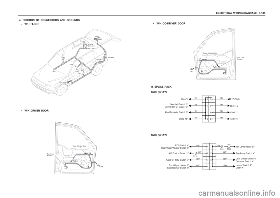 SSANGYONG MUSSO 2003  Service Manual ELECTRICAL WIRING DIAGRAMS  5-185
c. POSITION OF CONNECTORS AND GROUNDS  W/H FLOOR 
W/H CO-DRIVER DOOR
W/H Tail Connector
C304 C305
C301 G302
G303
C301~C303
Tail Lamp
Tail Lamp

W/H DRIVER DOOR
C35