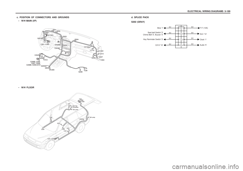 SSANGYONG MUSSO 2003  Service Manual ELECTRICAL WIRING DIAGRAMS  5-189
c. POSITION OF CONNECTORS AND GROUNDS • W/H MAIN (I/P) 
 W/H FLOOR
d. SPLICE PACK S202 (GRAY)
1 2 3 4
5 6 7 8RY RY RY RY
RYRY RY RYStics 1
F17 (10A)
Seat belt Sw