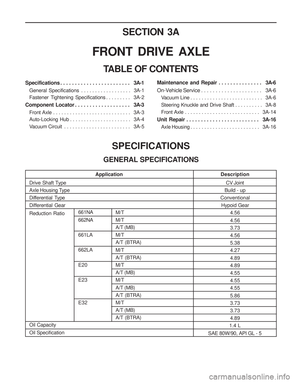 SSANGYONG MUSSO 2003  Service Manual M/T M/TA/T (MB)M/TA/T (BTRA) M/T A/T (BTRA)M/TA/T (MB)M/T A/T (MB) A/T (BTRA)M/TA/T (MB)A/T (BTRA)
SECTION 3A
FRONT  DRIVE  AXLE
TABLE OF CONTENTSSPECIFICATIONS
GENERAL SPECIFICATIONS
Specifications .