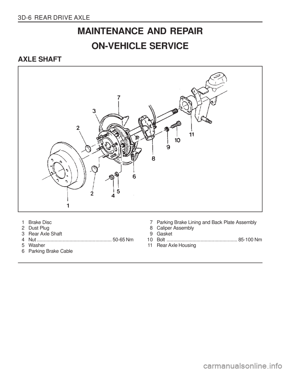 SSANGYONG MUSSO 2003  Service Manual 3D-6  REAR DRIVE AXLEMAINTENANCE AND REPAIR
ON-VEHICLE SERVICE
AXLE SHAFT
1 Brake Disc 
2 Dust Plug 
3 Rear Axle Shaft
4 Nut ....................................................... 50-65 Nm
5 Washer
6