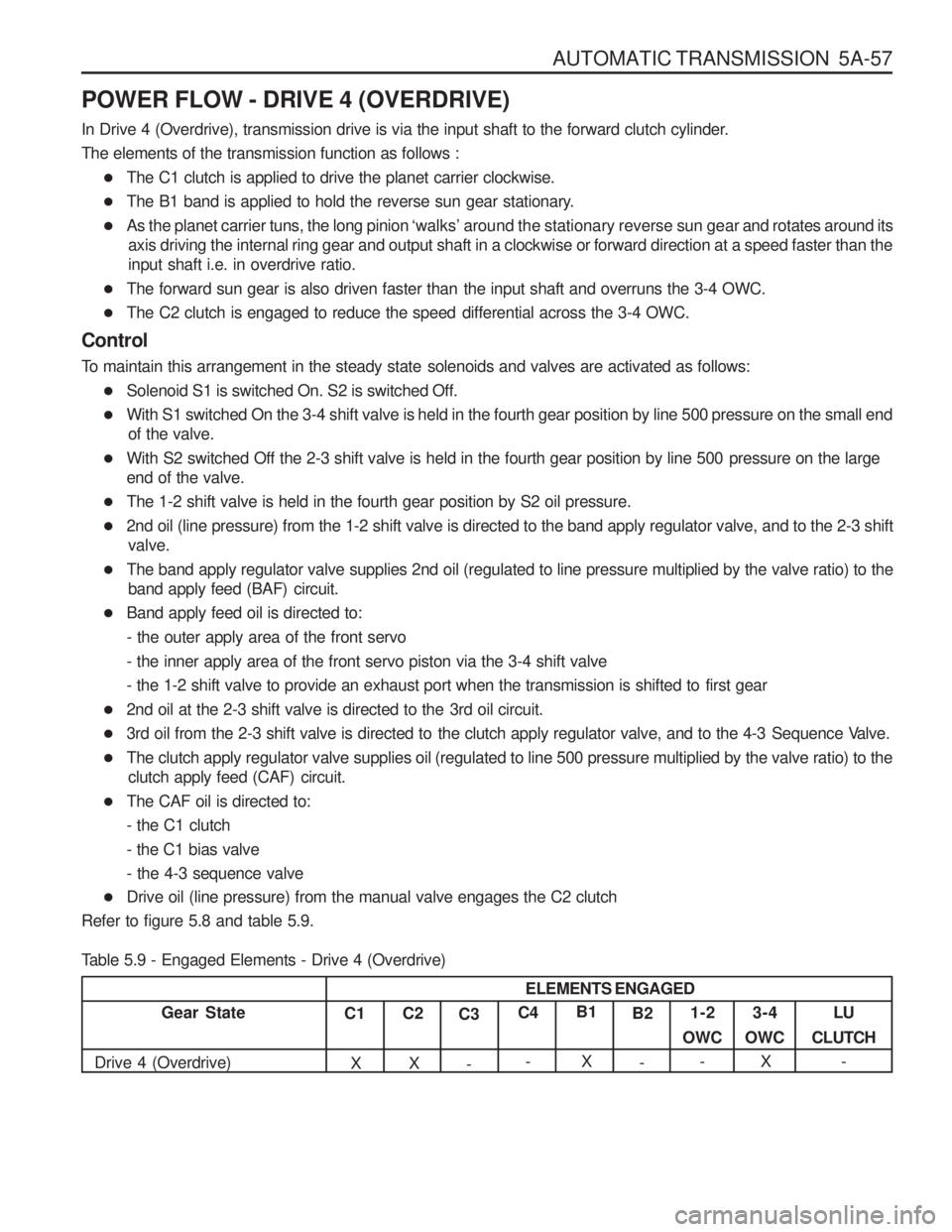 SSANGYONG MUSSO 2003 Service Manual AUTOMATIC TRANSMISSION 5A-57
POWER FLOW - DRIVE 4 (OVERDRIVE)
In Drive 4 (Overdrive), transmission drive is via the input shaft to the forward clutch cylinder. The elements of the transmission funct SSANGYONG MUSSO 2003 Service Manual AUTOMATIC TRANSMISSION 5A-57
POWER FLOW - DRIVE 4 (OVERDRIVE)
In Drive 4 (Overdrive), transmission drive is via the input shaft to the forward clutch cylinder. The elements of the transmission funct