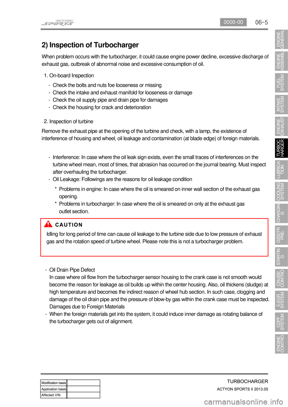 SSANGYONG NEW ACTYON SPORTS 2013  Service Manual 06-50000-00
2) Inspection of Turbocharger
When problem occurs with the turbocharger, it could cause engine power decline, excessive discharge of 
exhaust gas, outbreak of abnormal noise and excessive 
