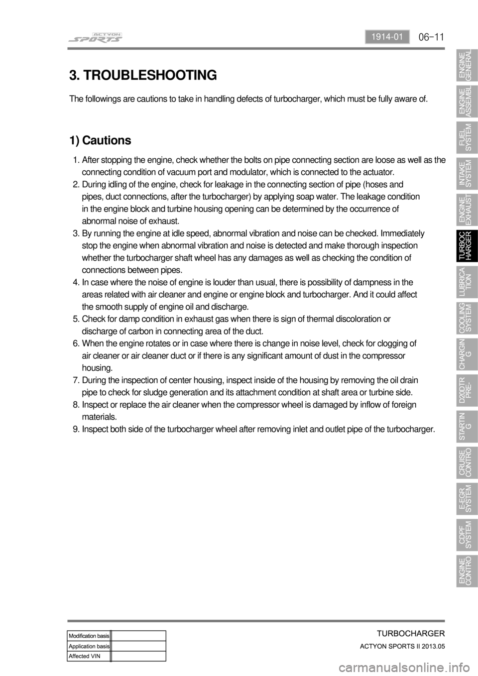 SSANGYONG NEW ACTYON SPORTS 2013  Service Manual 06-111914-01
3. TROUBLESHOOTING
The followings are cautions to take in handling defects of turbocharger, which must be fully aware of.
1) Cautions
After stopping the engine, check whether the bolts on