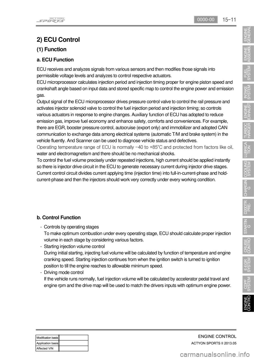 SSANGYONG NEW ACTYON SPORTS 2013 Service Manual 15-110000-00
2) ECU Control
(1) Function
a. ECU Function
ECU receives and analyzes signals from various sensors and then modifies those signals into
permissible voltage levels and analyzes to control SSANGYONG NEW ACTYON SPORTS 2013 Service Manual 15-110000-00
2) ECU Control
(1) Function
a. ECU Function
ECU receives and analyzes signals from various sensors and then modifies those signals into
permissible voltage levels and analyzes to control