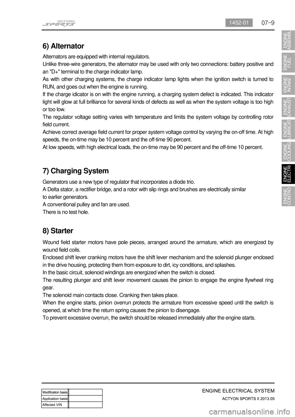 SSANGYONG NEW ACTYON SPORTS 2013  Service Manual 07-91452-01
6) Alternator
Alternators are equipped with internal regulators. 
Unlike three-wire generators, the alternator may be used with only two connections: battery positive and 
an "D+" terminal