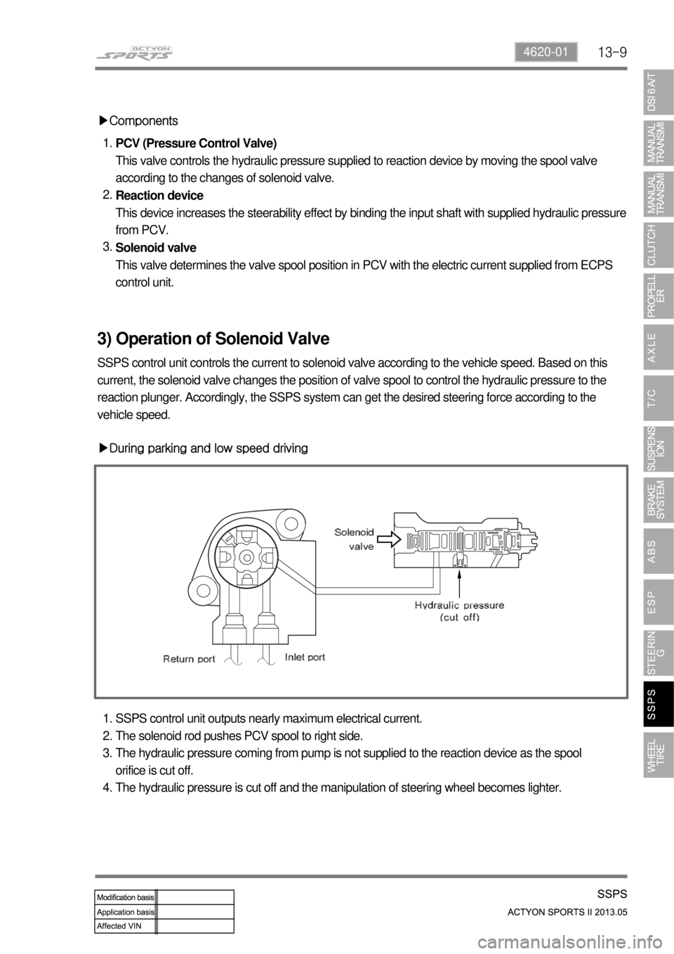 SSANGYONG NEW ACTYON SPORTS 2013 Service Manual 13-94620-01
▶Components
PCV (Pressure Control Valve)
This valve controls the hydraulic pressure supplied to reaction device by moving the spool valve
according to the changes of solenoid valve.
Rea SSANGYONG NEW ACTYON SPORTS 2013 Service Manual 13-94620-01
▶Components
PCV (Pressure Control Valve)
This valve controls the hydraulic pressure supplied to reaction device by moving the spool valve
according to the changes of solenoid valve.
Rea
