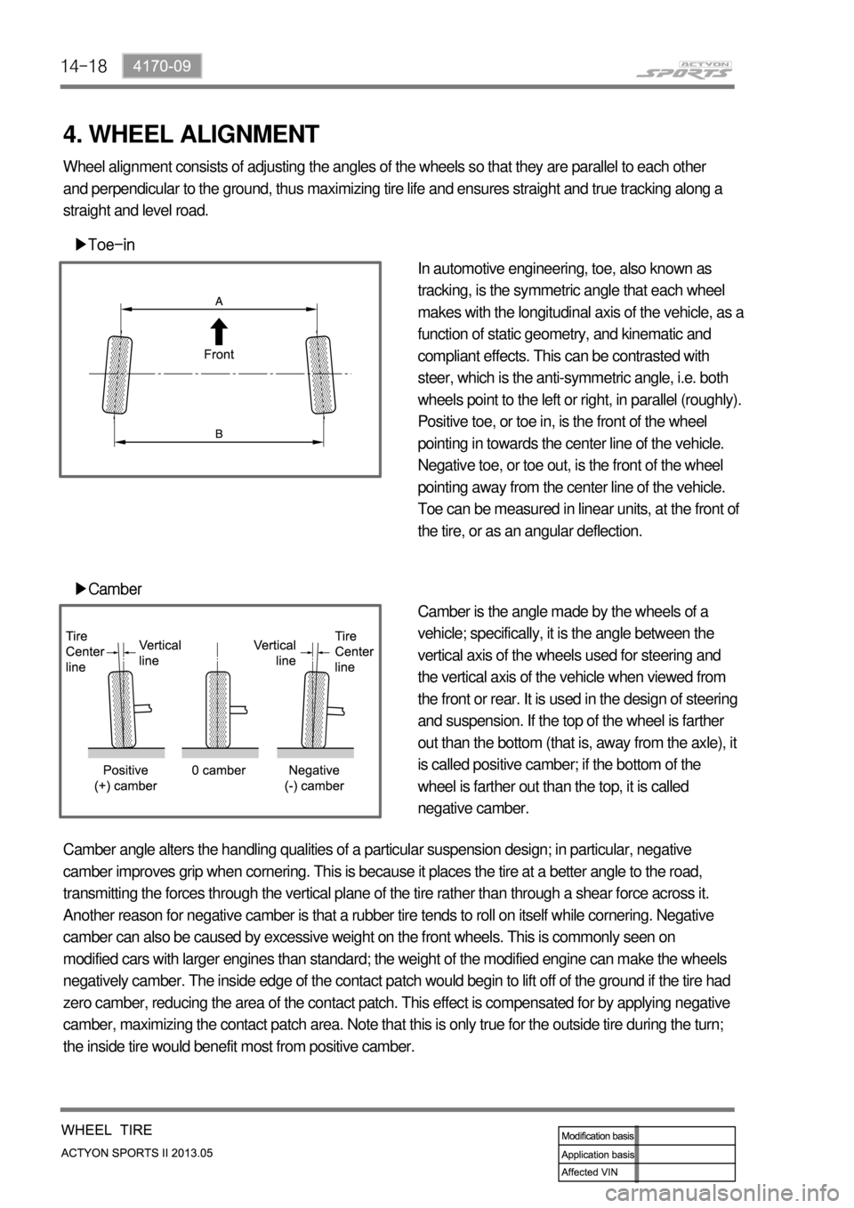 SSANGYONG NEW ACTYON SPORTS 2013 Service Manual 14-18
4. WHEEL ALIGNMENT
▶Toe-in
▶Camber
In automotive engineering, toe, also known as
tracking, is the symmetric angle that each wheel
makes with the longitudinal axis of the vehicle, as a
fun SSANGYONG NEW ACTYON SPORTS 2013 Service Manual 14-18
4. WHEEL ALIGNMENT
▶Toe-in
▶Camber
In automotive engineering, toe, also known as
tracking, is the symmetric angle that each wheel
makes with the longitudinal axis of the vehicle, as a
fun