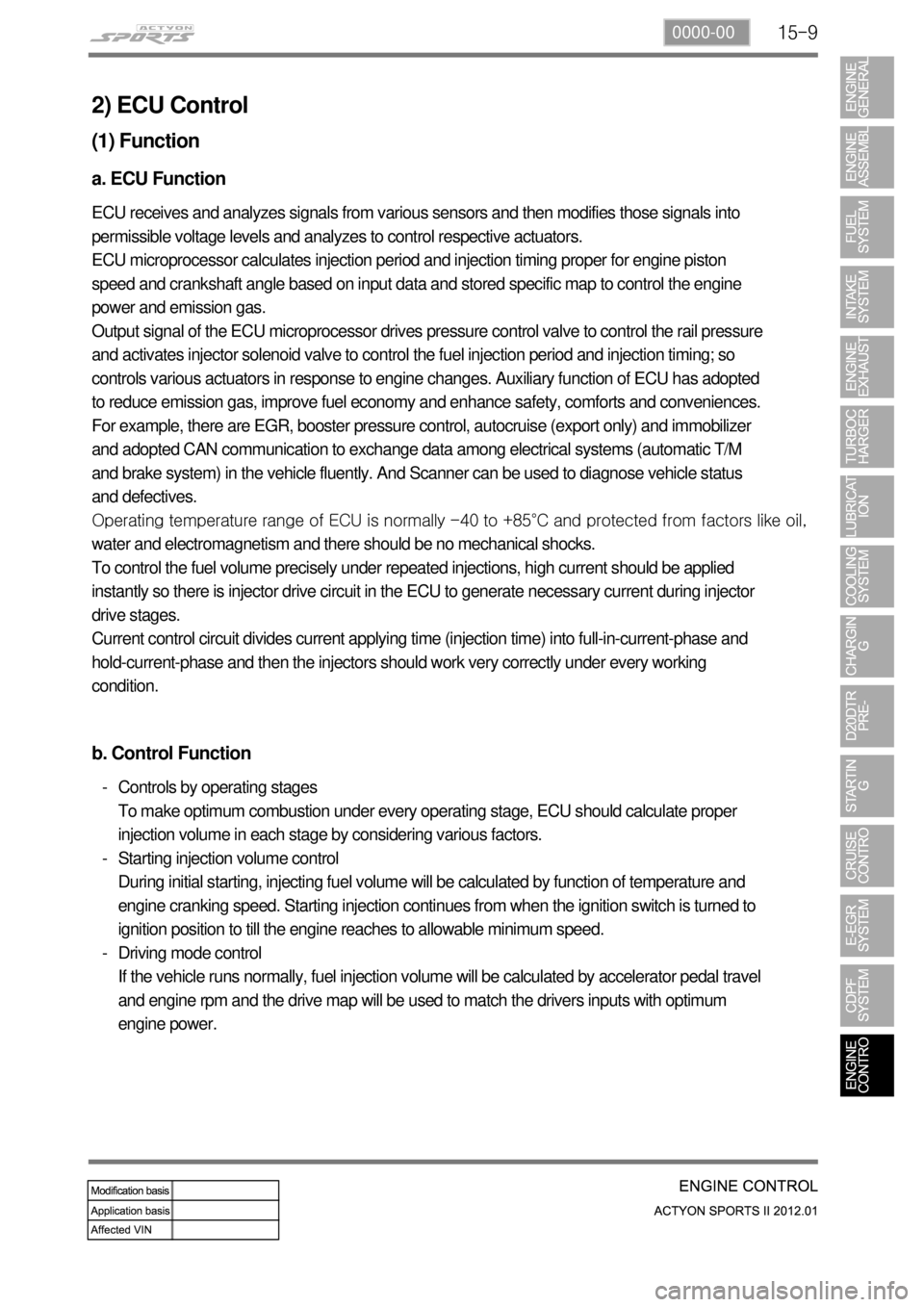 SSANGYONG NEW ACTYON SPORTS 2012 Service Manual 15-90000-00
2) ECU Control
(1) Function
a. ECU Function
ECU receives and analyzes signals from various sensors and then modifies those signals into
permissible voltage levels and analyzes to control SSANGYONG NEW ACTYON SPORTS 2012 Service Manual 15-90000-00
2) ECU Control
(1) Function
a. ECU Function
ECU receives and analyzes signals from various sensors and then modifies those signals into
permissible voltage levels and analyzes to control