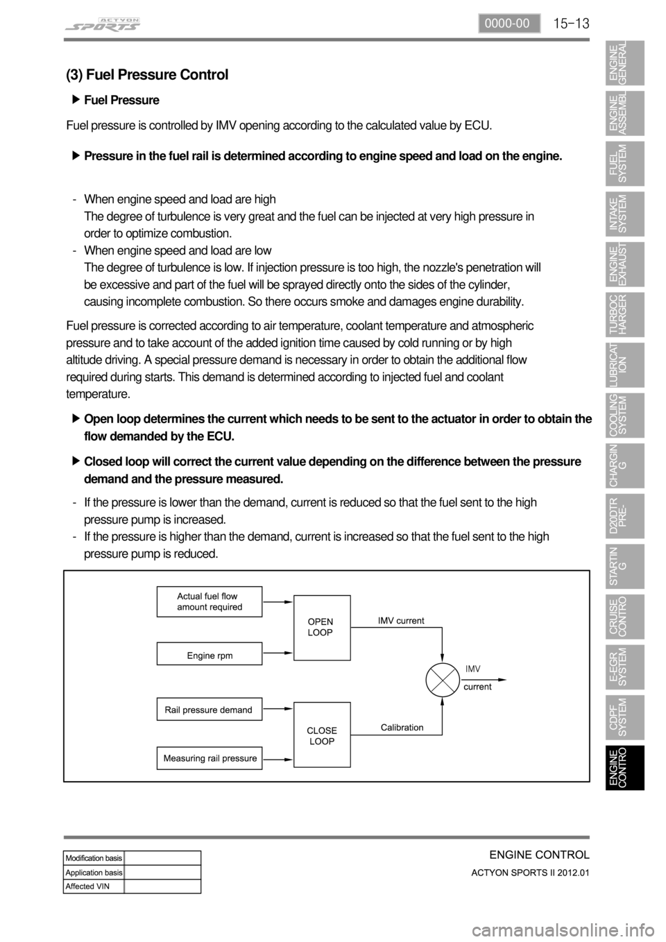 SSANGYONG NEW ACTYON SPORTS 2012 Service Manual 15-130000-00
(3) Fuel Pressure Control
Fuel pressure is controlled by IMV opening according to the calculated value by ECU.
Pressure in the fuel rail is determined according to engine speed and load o SSANGYONG NEW ACTYON SPORTS 2012 Service Manual 15-130000-00
(3) Fuel Pressure Control
Fuel pressure is controlled by IMV opening according to the calculated value by ECU.
Pressure in the fuel rail is determined according to engine speed and load o