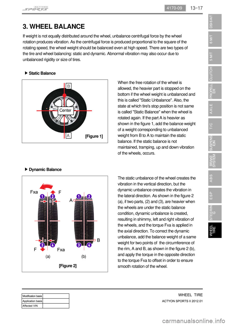 SSANGYONG NEW ACTYON SPORTS 2012 Service Manual 13-174170-09
If weight is not equally distributed around the wheel, unbalance centrifugal force by the wheel
rotation produces vibration. As the centrifugal force is produced proportional to the squa SSANGYONG NEW ACTYON SPORTS 2012 Service Manual 13-174170-09
If weight is not equally distributed around the wheel, unbalance centrifugal force by the wheel
rotation produces vibration. As the centrifugal force is produced proportional to the squa