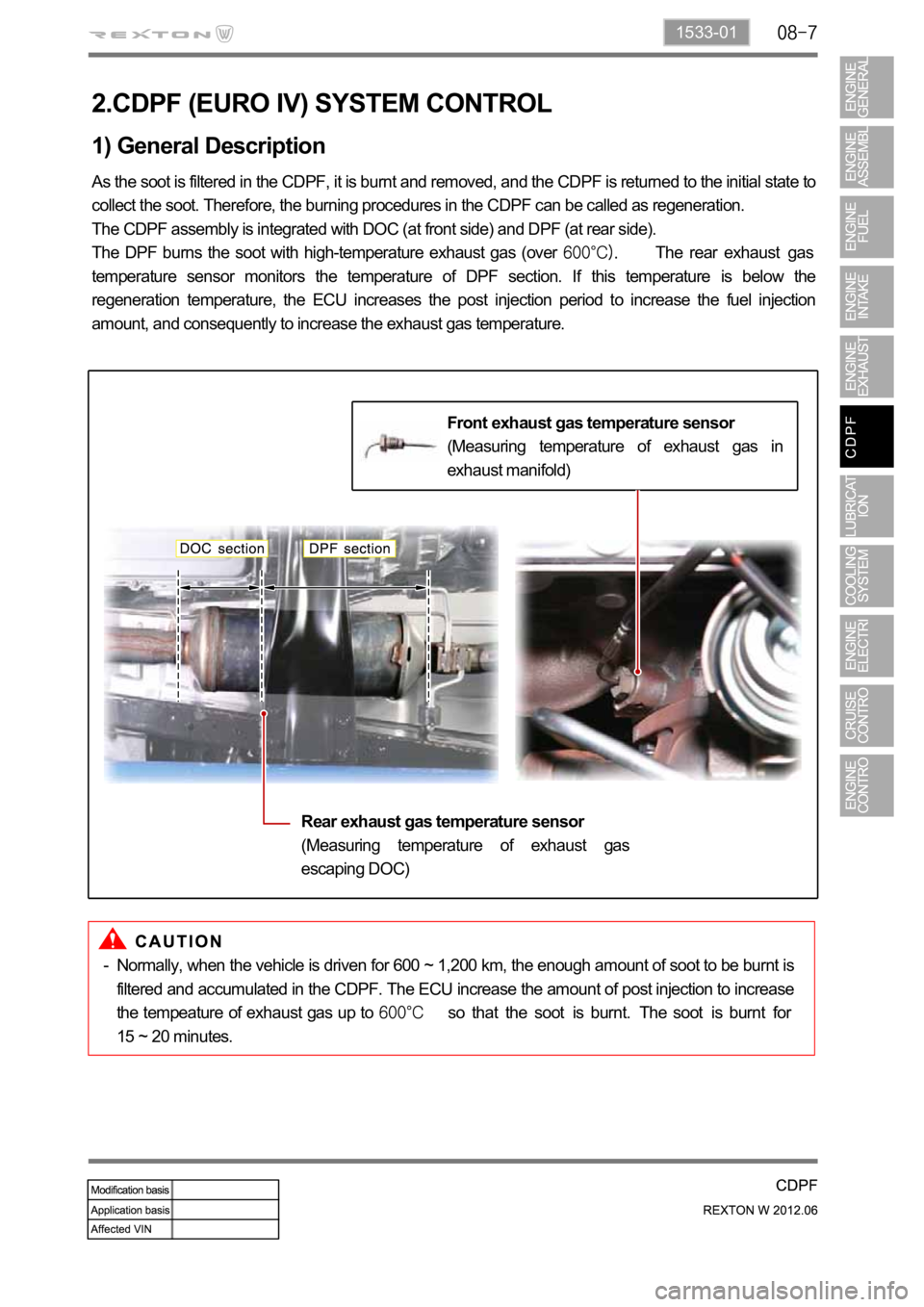 SSANGYONG NEW REXTON 2012 Service Manual 1533-01
2.CDPF (EURO IV) SYSTEM CONTROL
1) General Description
As the soot is filtered in the CDPF, it is burnt and removed, and the CDPF is returned to the initial state to
collect the soot. Therefo SSANGYONG NEW REXTON 2012 Service Manual 1533-01
2.CDPF (EURO IV) SYSTEM CONTROL
1) General Description
As the soot is filtered in the CDPF, it is burnt and removed, and the CDPF is returned to the initial state to
collect the soot. Therefo