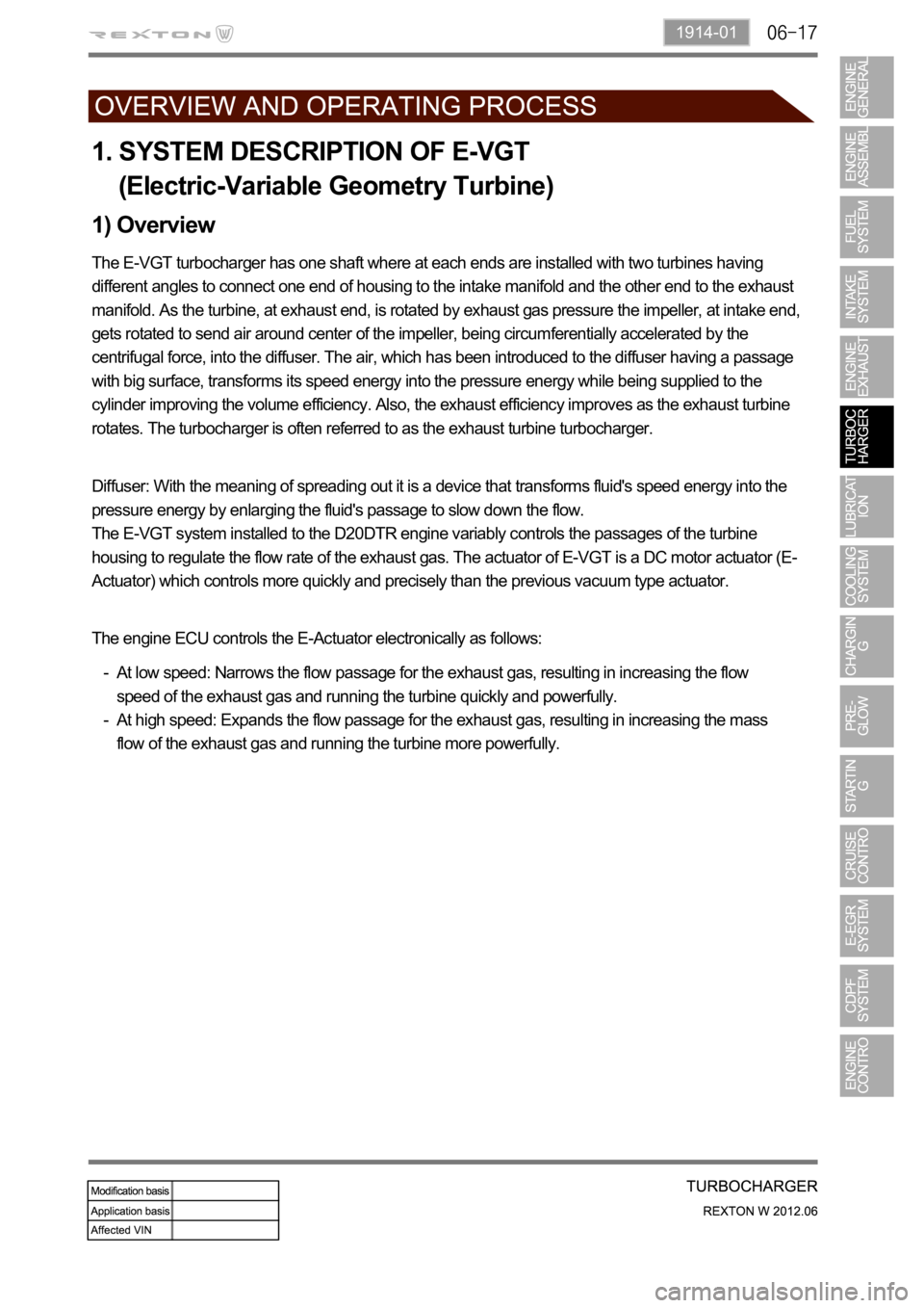 SSANGYONG NEW REXTON 2012  Service Manual 1914-01
1. SYSTEM DESCRIPTION OF E-VGT 
    (Electric-Variable Geometry Turbine)
The E-VGT turbocharger has one shaft where at each ends are installed with two turbines having 
different angles to con