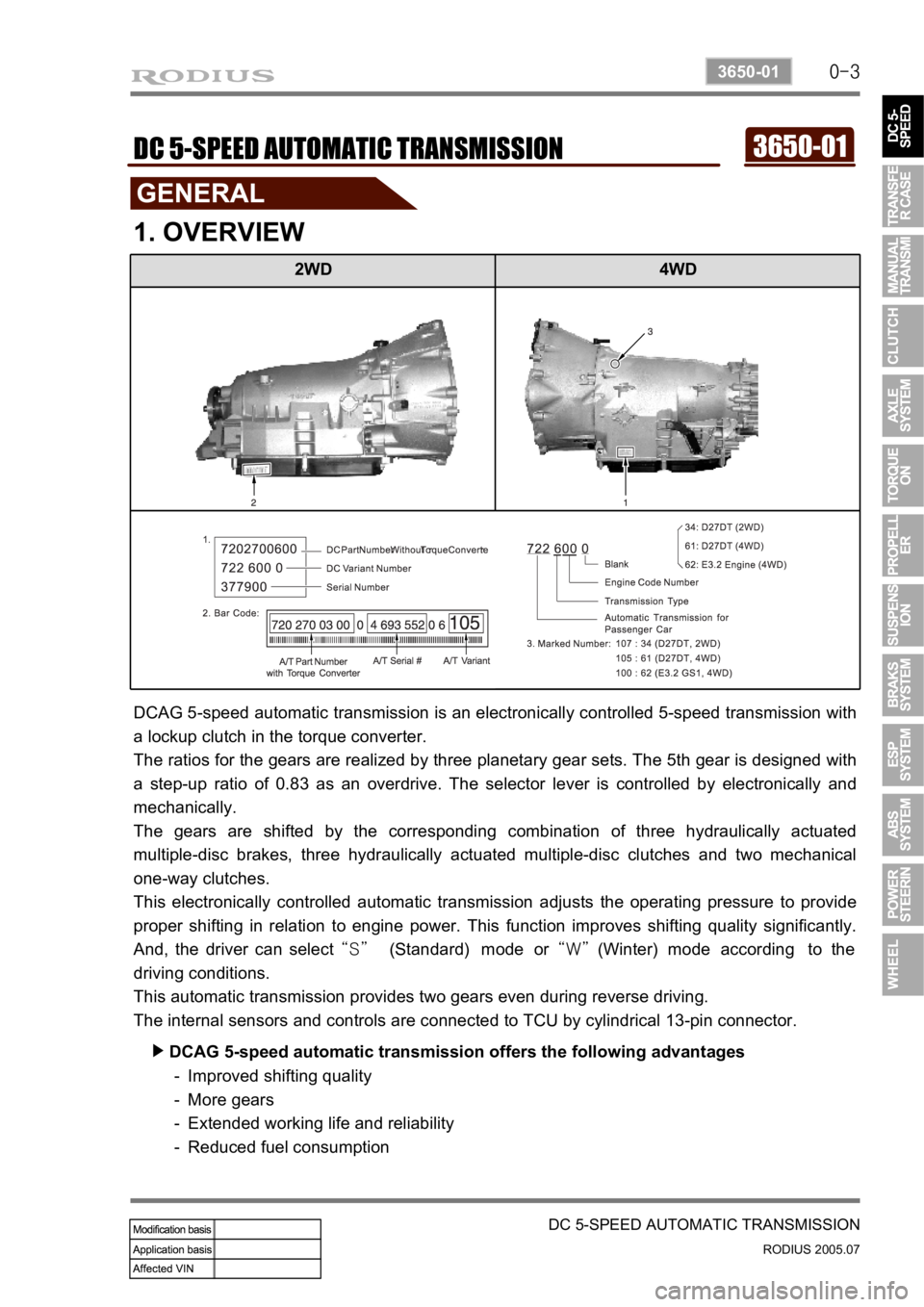 SSANGYONG RODIUS 2005 Service Manual 0-3
DC 5-SPEED AUTOMATIC TRANSMISSION
RODIUS 2005.07
3650-01
2WD 4WD
3650-01DC 5-SPEED AUTOMATIC TRANSMISSION
1. OVERVIEW
DCAG 5-speed automatic transmission is an electronically controlled 5-speed t SSANGYONG RODIUS 2005 Service Manual 0-3
DC 5-SPEED AUTOMATIC TRANSMISSION
RODIUS 2005.07
3650-01
2WD 4WD
3650-01DC 5-SPEED AUTOMATIC TRANSMISSION
1. OVERVIEW
DCAG 5-speed automatic transmission is an electronically controlled 5-speed t