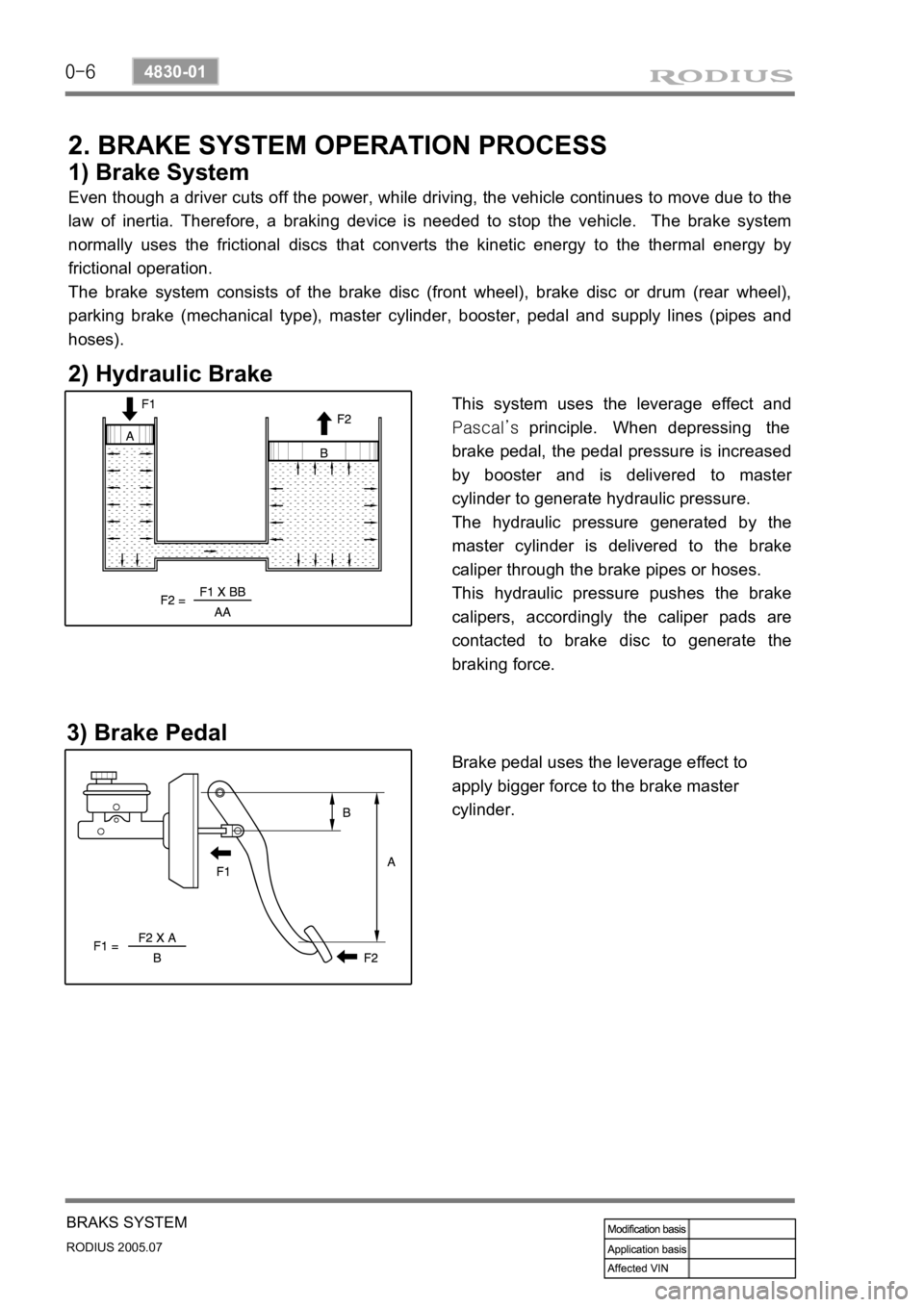SSANGYONG RODIUS 2005 Service Manual 0-6
RODIUS 2005.07
4830-01
BRAKS SYSTEM
2. BRAKE SYSTEM OPERATION PROCESS
1) Brake System
Even though a driver cuts off the power, while driving, the vehicle continues to move due to the
law of inert SSANGYONG RODIUS 2005 Service Manual 0-6
RODIUS 2005.07
4830-01
BRAKS SYSTEM
2. BRAKE SYSTEM OPERATION PROCESS
1) Brake System
Even though a driver cuts off the power, while driving, the vehicle continues to move due to the
law of inert