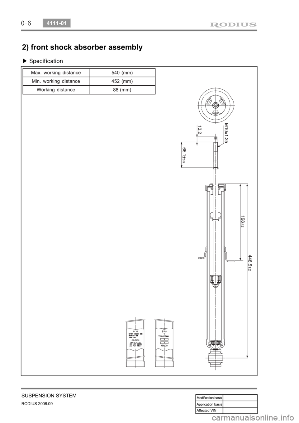 SSANGYONG RODIUS 2007  Service Manual 0-6
RODIUS 2006.09
4111-01
SUSPENSION SYSTEM
2) front shock absorber assembly
▶ Specification 