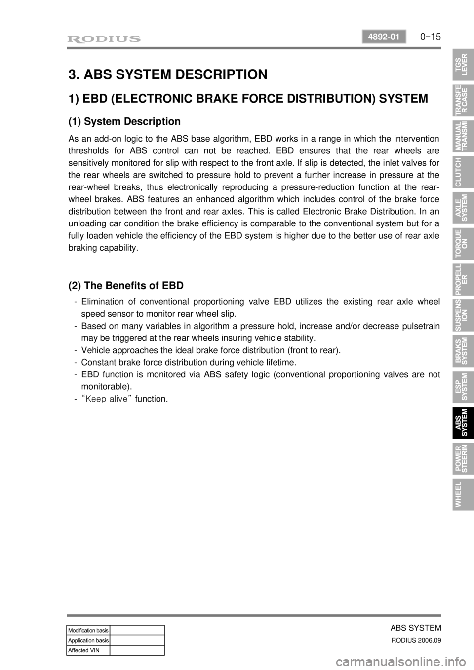 SSANGYONG RODIUS 2007 Service Manual 0-15
ABS SYSTEM
RODIUS 2006.09
4892-01
3. ABS SYSTEM DESCRIPTION
1) EBD (ELECTRONIC BRAKE FORCE DISTRIBUTION) SYSTEM
(1) System Description
As an add-on logic to the ABS base algorithm, EBD works in a SSANGYONG RODIUS 2007 Service Manual 0-15
ABS SYSTEM
RODIUS 2006.09
4892-01
3. ABS SYSTEM DESCRIPTION
1) EBD (ELECTRONIC BRAKE FORCE DISTRIBUTION) SYSTEM
(1) System Description
As an add-on logic to the ABS base algorithm, EBD works in a