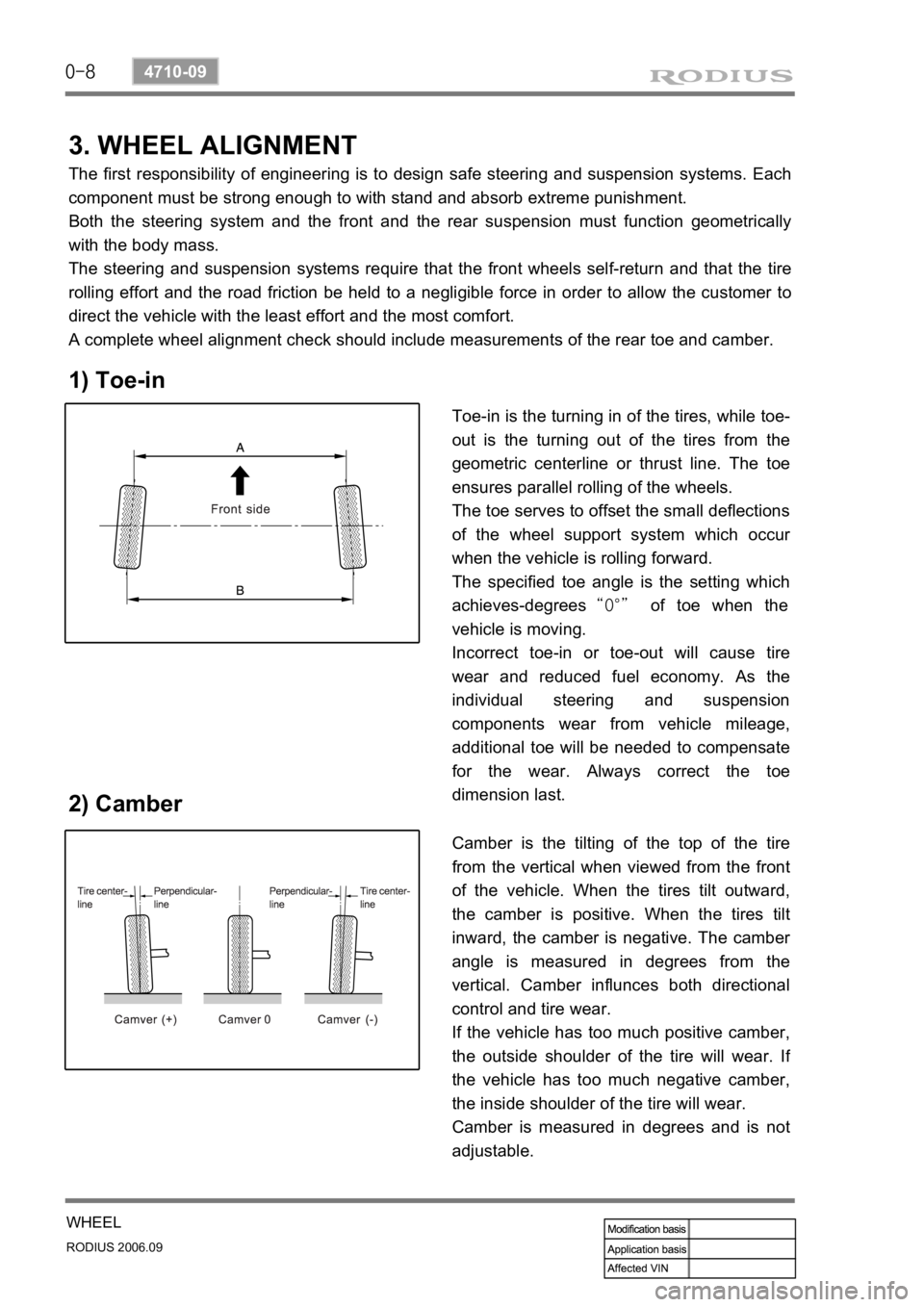 SSANGYONG RODIUS 2007 Service Manual 0-8
RODIUS 2006.09
4710-09
WHEEL
3. WHEEL ALIGNMENT
The first responsibility of engineering is to design safe steering and suspension systems. Each
component must be strong enough to with stand and SSANGYONG RODIUS 2007 Service Manual 0-8
RODIUS 2006.09
4710-09
WHEEL
3. WHEEL ALIGNMENT
The first responsibility of engineering is to design safe steering and suspension systems. Each
component must be strong enough to with stand and