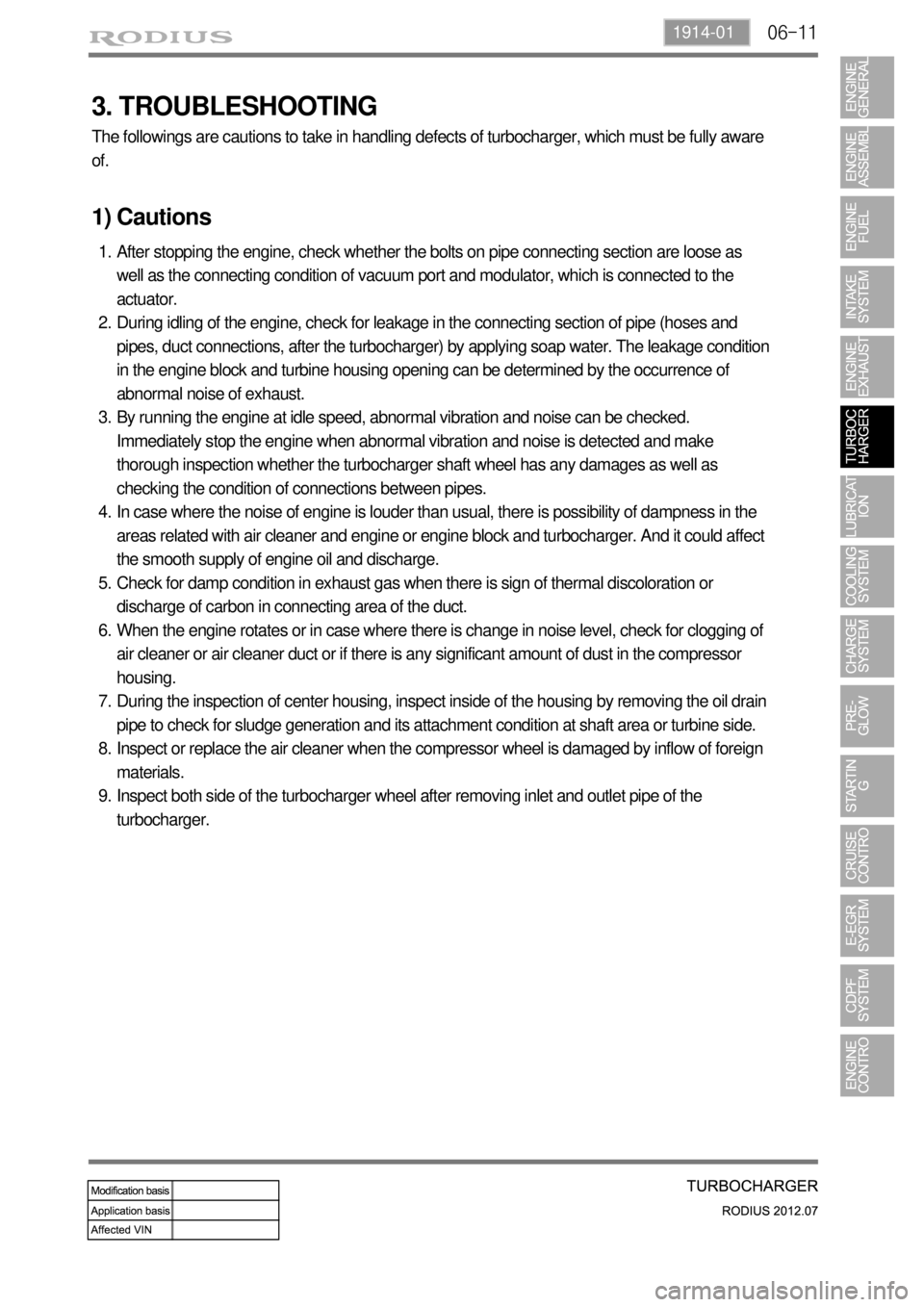 SSANGYONG RODIUS 2012  Service Manual 06-111914-01
3. TROUBLESHOOTING
The followings are cautions to take in handling defects of turbocharger, which must be fully aware 
of.
1) Cautions
After stopping the engine, check whether the bolts o