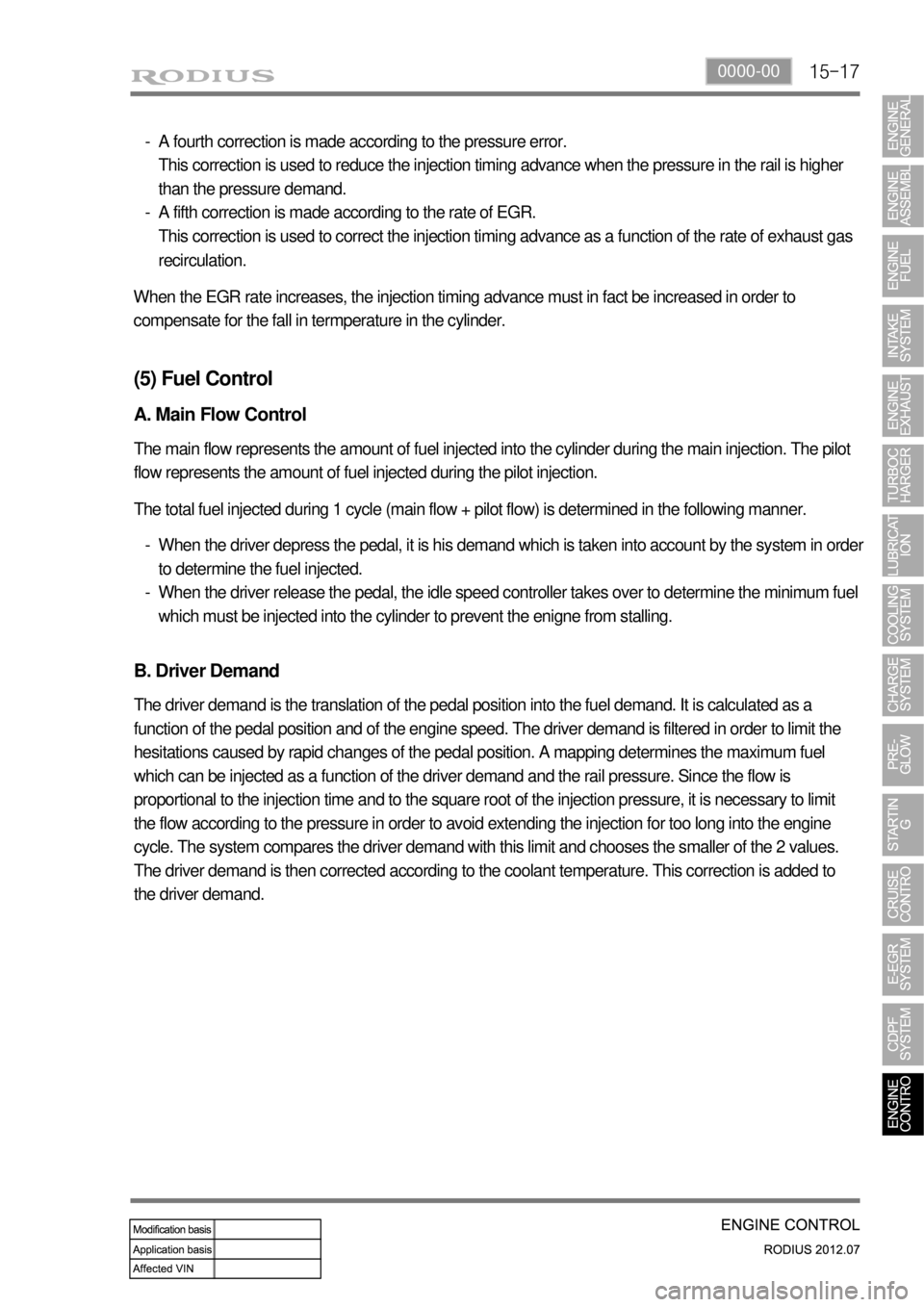 SSANGYONG RODIUS 2012 Service Manual 15-170000-00
A fourth correction is made according to the pressure error.
This correction is used to reduce the injection timing advance when the pressure in the rail is higher
than the pressure dema SSANGYONG RODIUS 2012 Service Manual 15-170000-00
A fourth correction is made according to the pressure error.
This correction is used to reduce the injection timing advance when the pressure in the rail is higher
than the pressure dema