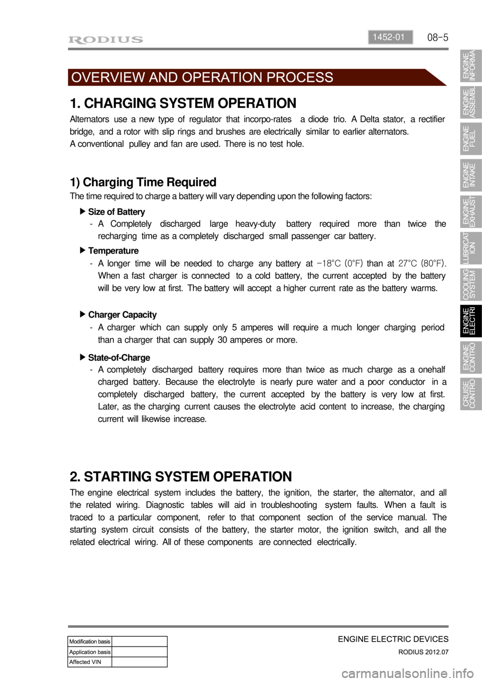 SSANGYONG RODIUS 2012 Service Manual 08-51452-01
1. CHARGING SYSTEM OPERATION
Alternators use a new type of regulator that incorpo-rates a diode trio. A Delta stator, a rectifier
bridge, and a rotor with slip rings and brushe SSANGYONG RODIUS 2012 Service Manual 08-51452-01
1. CHARGING SYSTEM OPERATION
Alternators use a new type of regulator that incorpo-rates a diode trio. A Delta stator, a rectifier
bridge, and a rotor with slip rings and brushe