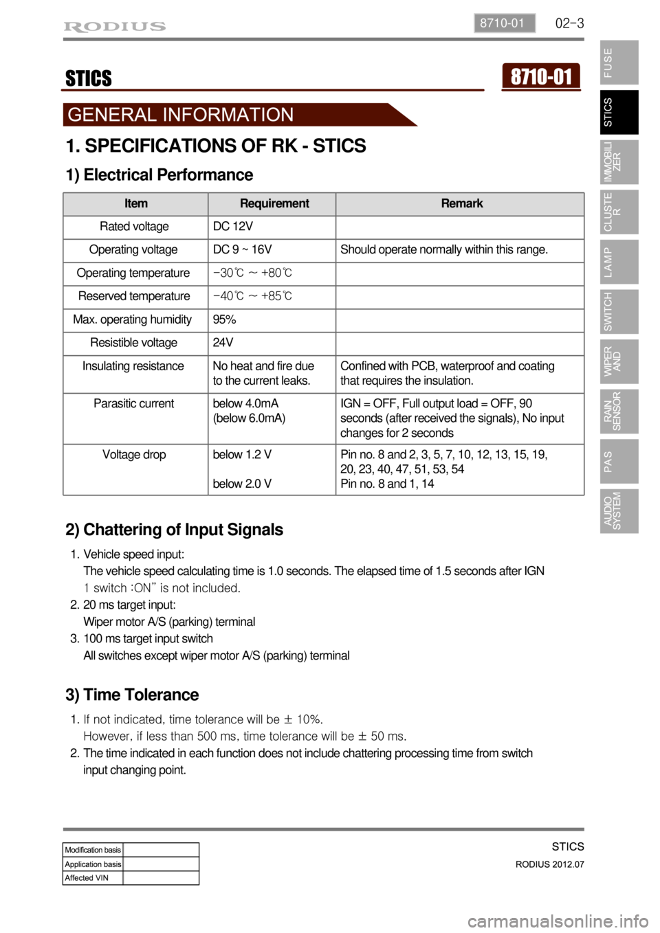 SSANGYONG RODIUS 2012 Service Manual 02-38710-01
1. SPECIFICATIONS OF RK - STICS
1) Electrical Performance
2) Chattering of Input Signals
Vehicle speed input:
The vehicle speed calculating time is 1.0 seconds. The elapsed time of 1.5 sec SSANGYONG RODIUS 2012 Service Manual 02-38710-01
1. SPECIFICATIONS OF RK - STICS
1) Electrical Performance
2) Chattering of Input Signals
Vehicle speed input:
The vehicle speed calculating time is 1.0 seconds. The elapsed time of 1.5 sec