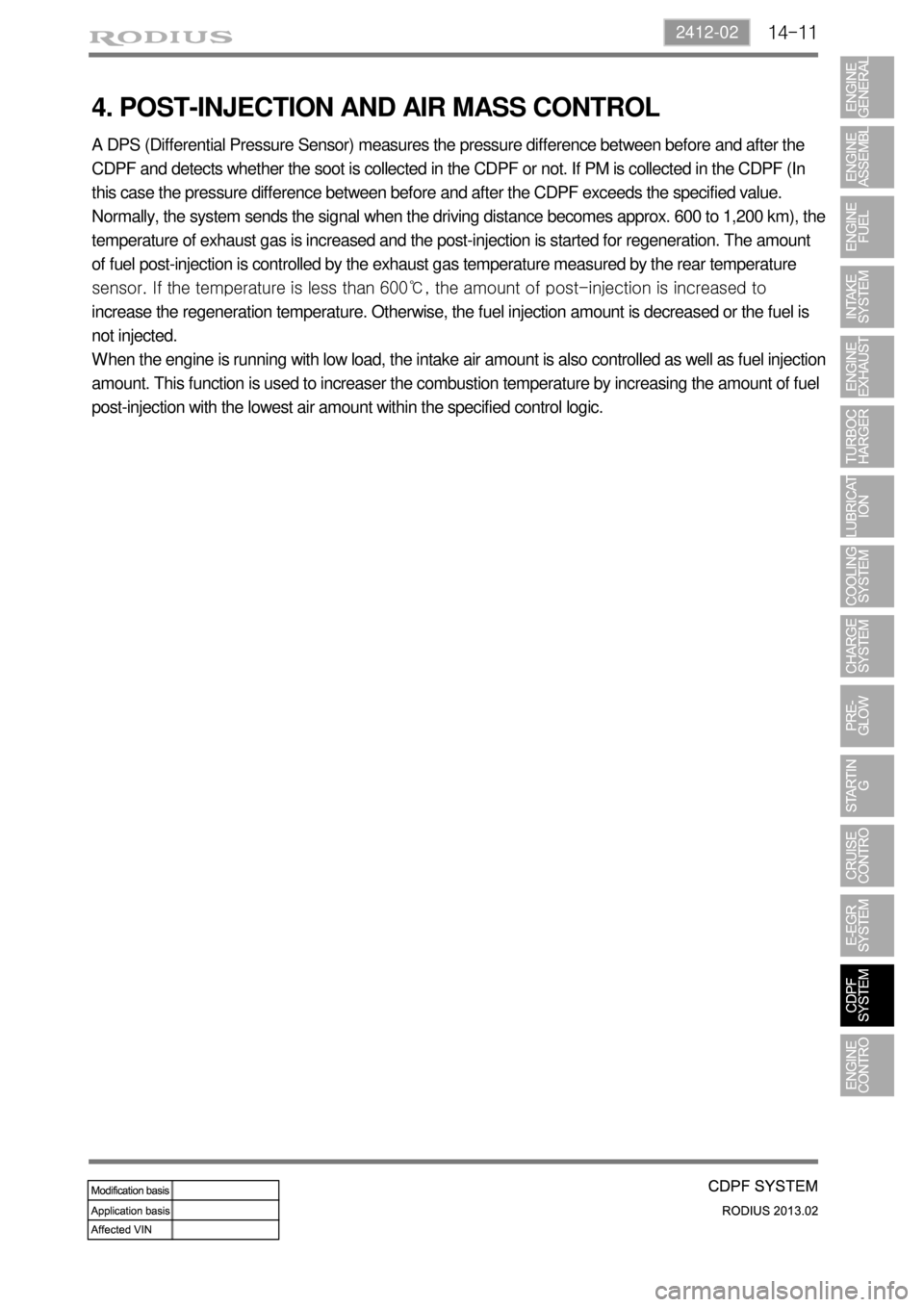 SSANGYONG TURISMO 2013 Service Manual 14-112412-02
4. POST-INJECTION AND AIR MASS CONTROL
A DPS (Differential Pressure Sensor) measures the pressure difference between before and after the
CDPF and detects whether the soot is collected i SSANGYONG TURISMO 2013 Service Manual 14-112412-02
4. POST-INJECTION AND AIR MASS CONTROL
A DPS (Differential Pressure Sensor) measures the pressure difference between before and after the
CDPF and detects whether the soot is collected i