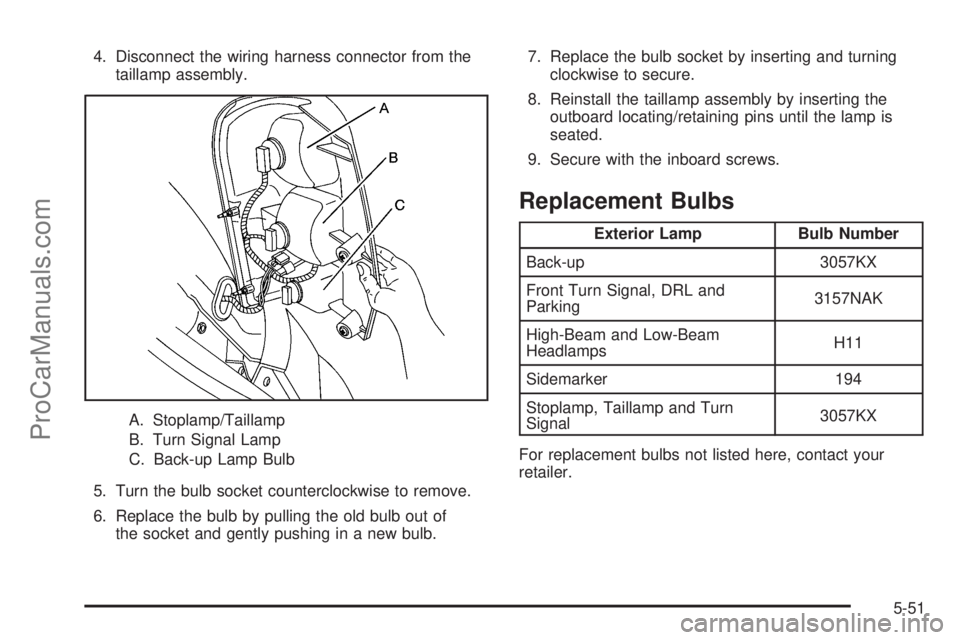 SATURN RELAY 2006  Owners Manual 4. Disconnect the wiring harness connector from the
taillamp assembly.
A. Stoplamp/Taillamp
B. Turn Signal Lamp
C. Back-up Lamp Bulb
5. Turn the bulb socket counterclockwise to remove.
6. Replace the 