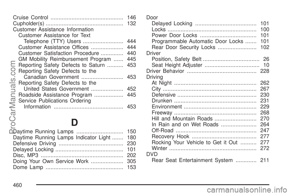 SATURN VUE 2007  Owners Manual Cruise Control............................................. 146
Cupholder(s)................................................ 132
Customer Assistance Information
Customer Assistance for Text
Telephone 