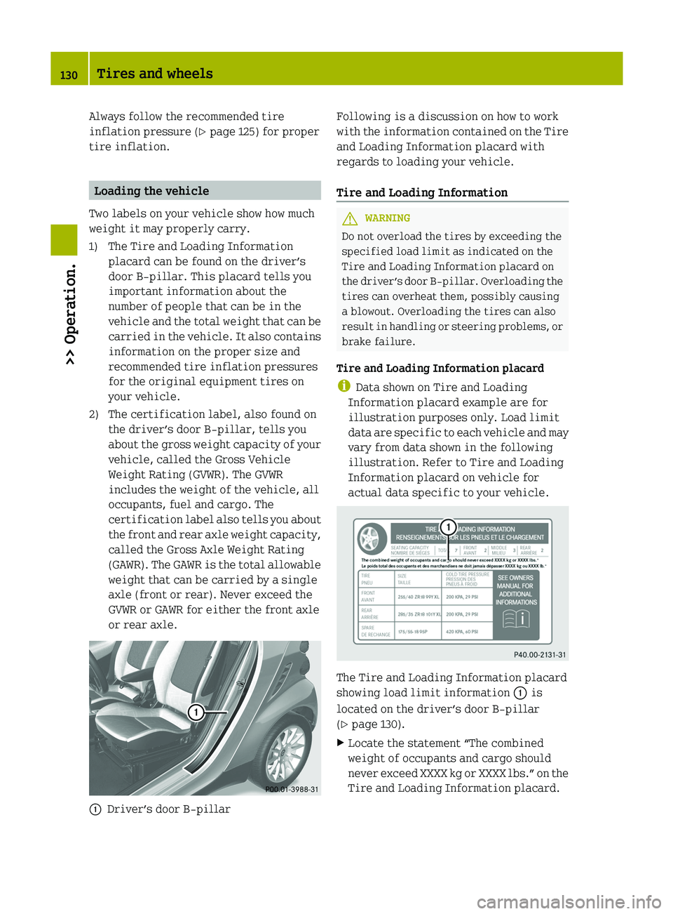 SMART FORTWO COUPE 2012  Owners Manual Always follow the recommended tire
inflation pressure (
Y page 125) for proper
tire inflation. Loading the vehicle
Two labels on your vehicle show how much
weight it may properly carry.
1) The Tire an