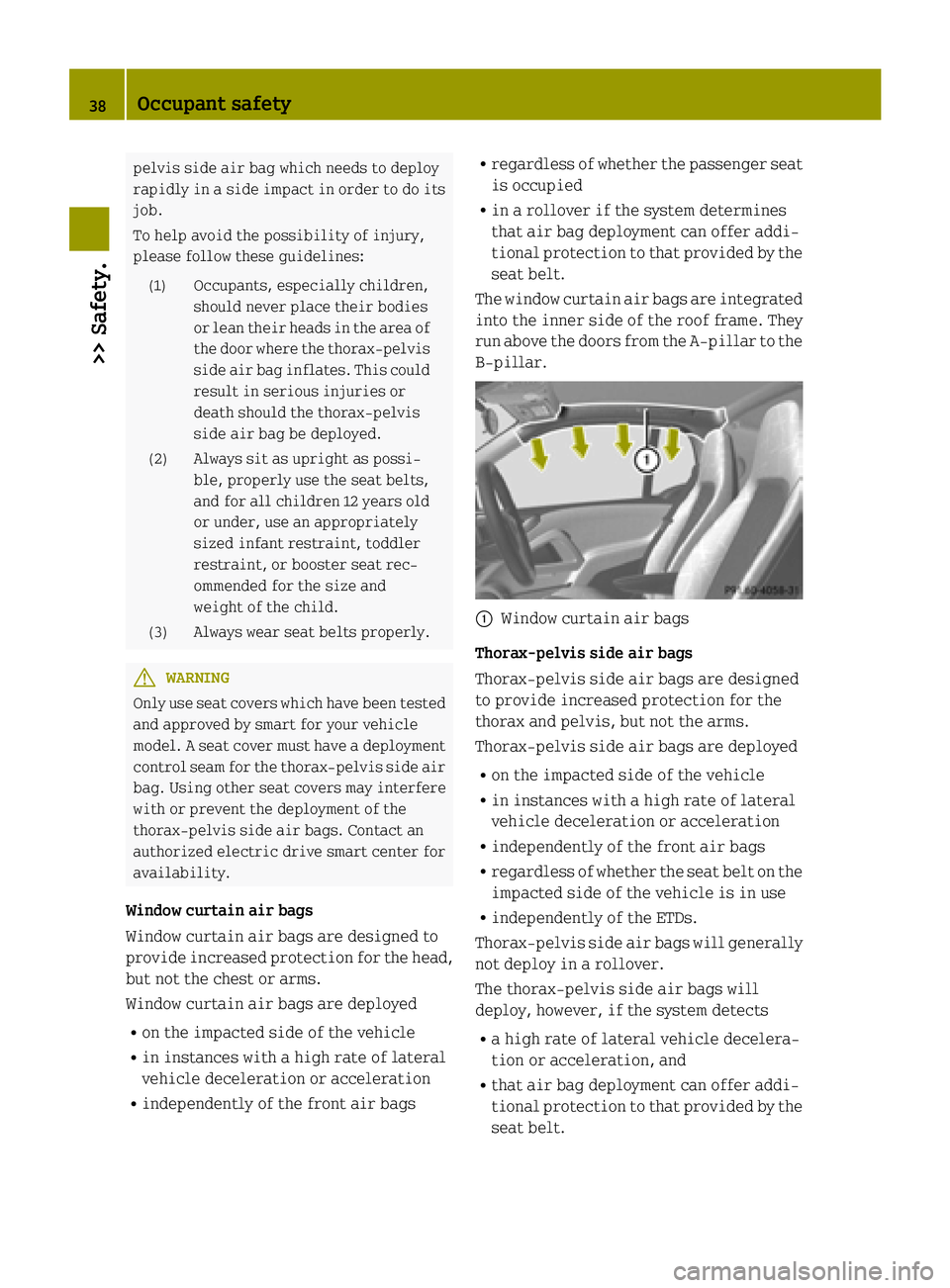 SMART FORTWO COUPE ELECTRIC DRIVE 2015 Owners Manual pelvis side air bag which needs to deploy
rapidly in a side impact in order to do its
job.
To help avoid the possibility of injury,
please follow these guidelines:
(1) Occupants, especially children, SMART FORTWO COUPE ELECTRIC DRIVE 2015 Owners Manual pelvis side air bag which needs to deploy
rapidly in a side impact in order to do its
job.
To help avoid the possibility of injury,
please follow these guidelines:
(1) Occupants, especially children,