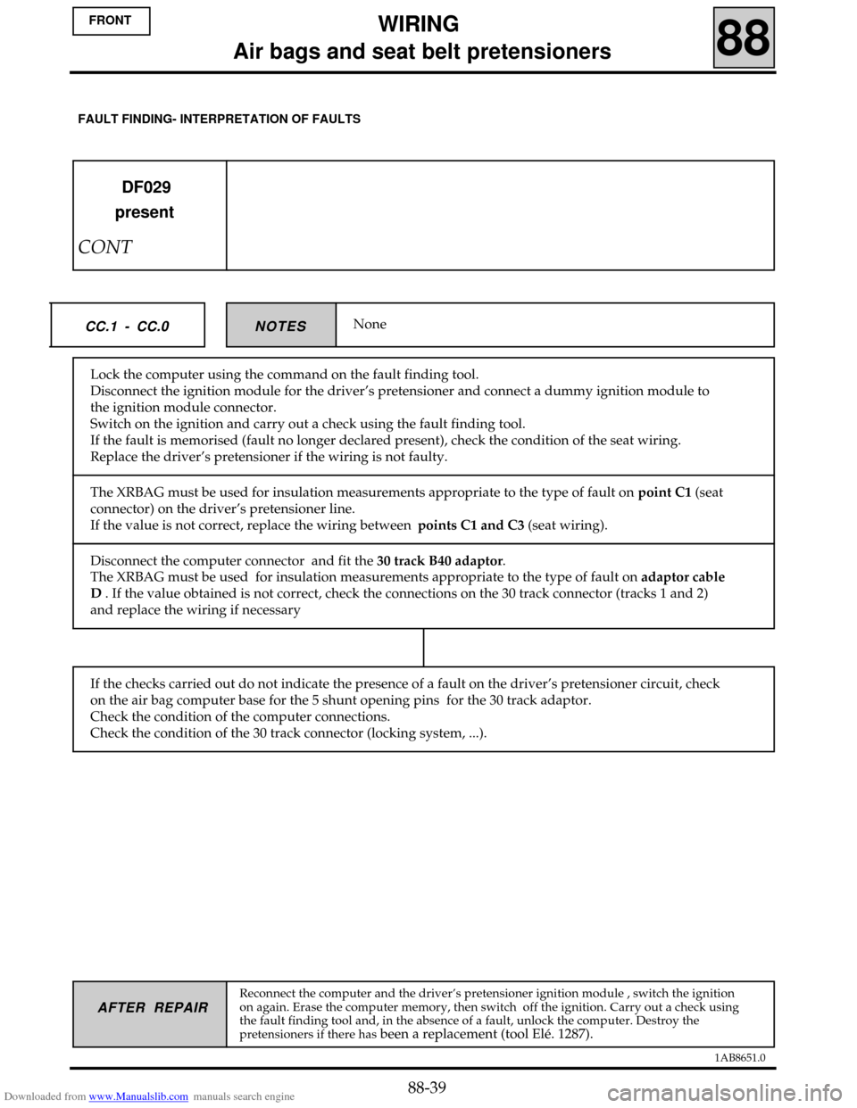 RENAULT CLIO 1999 X65 / 2.G Air Bag And Seat Belts Workshop Manual Downloaded from www.Manualslib.com manuals search engine 1AB8651.0
AFTER REPAIR
NoneNOTES CC.1 - CC.0
DF029
present
CONT
Reconnect the computer and the driver’s pretensioner ignition module , switch RENAULT CLIO 1999 X65 / 2.G Air Bag And Seat Belts Workshop Manual Downloaded from www.Manualslib.com manuals search engine 1AB8651.0
AFTER REPAIR
NoneNOTES CC.1 - CC.0
DF029
present
CONT
Reconnect the computer and the driver’s pretensioner ignition module , switch