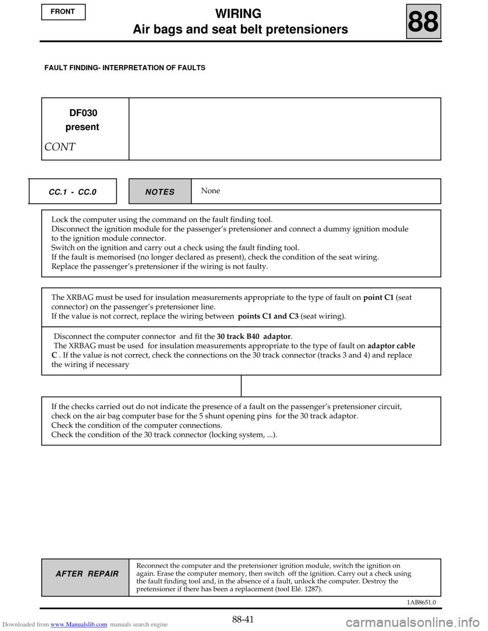 RENAULT CLIO 1999 X65 / 2.G Air Bag And Seat Belts Workshop Manual Downloaded from www.Manualslib.com manuals search engine 1AB8651.0
AFTER REPAIR
NoneNOTES CC.1 - CC.0
DF030
present
CONT
Lock the computer using the command on the fault finding tool.
Disconnect the i RENAULT CLIO 1999 X65 / 2.G Air Bag And Seat Belts Workshop Manual Downloaded from www.Manualslib.com manuals search engine 1AB8651.0
AFTER REPAIR
NoneNOTES CC.1 - CC.0
DF030
present
CONT
Lock the computer using the command on the fault finding tool.
Disconnect the i