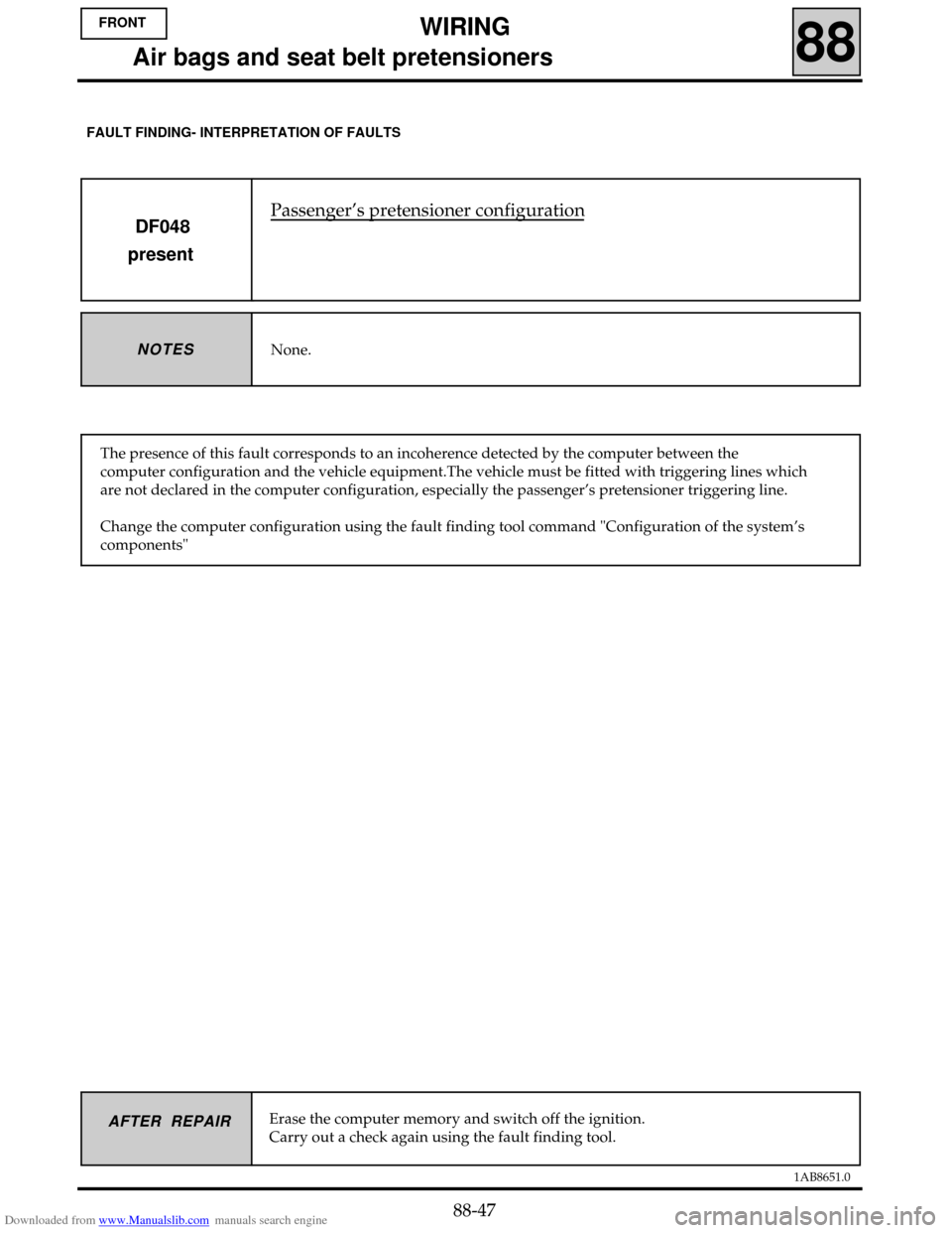 RENAULT CLIO 1999 X65 / 2.G Air Bag And Seat Belts Workshop Manual Downloaded from www.Manualslib.com manuals search engine 1AB8651.0
AFTER REPAIR
Passenger’s pretensioner configuration
DF048
present
None.NOTES
The presence of this fault corresponds to an incoheren