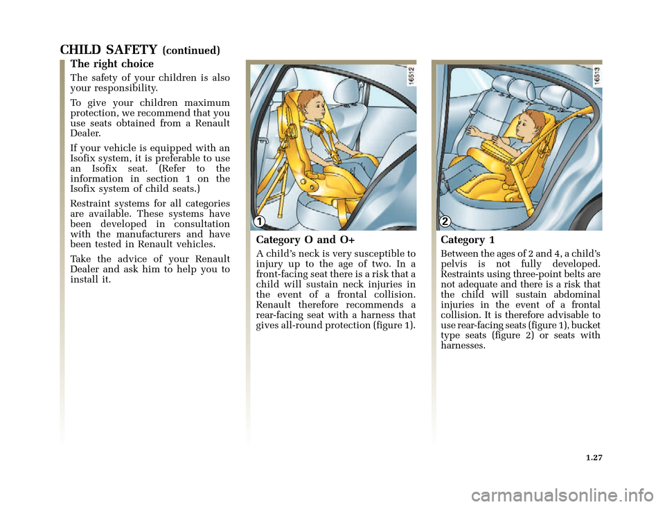 RENAULT CLIO 2000 X65 / 2.G Owners Manual 12
X65 - CLIOC:\Documentum\Checkout_47\Nu607-8gb_T1.WIN 12/10/2000 16:22-page35
1.27
CHILD SAFETY(continued)
The right choice
The safety of your chi RENAULT CLIO 2000 X65 / 2.G Owners Manual 12
X65 - CLIOC:\Documentum\Checkout_47\Nu607-8gb_T1.WIN 12/10/2000 16:22-page35
1.27
CHILD SAFETY(continued)
The right choice
The safety of your chi