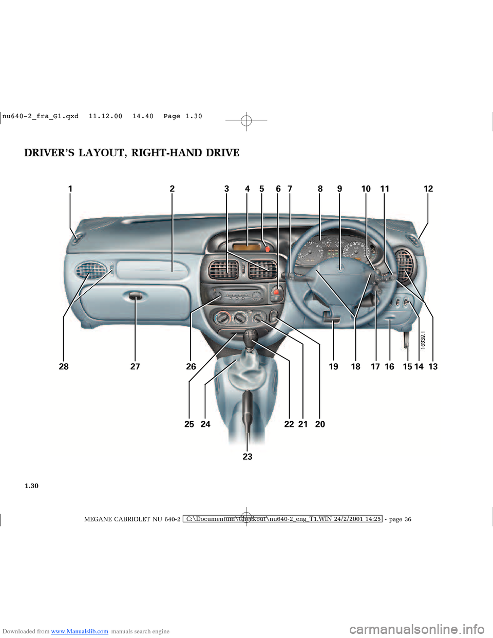 RENAULT MEGANE 2000 X64 / 1.G Owners Manual Downloaded from www.Manualslib.com manuals search engine 28 27 26 19 18 17 16 15 14 13
25 24 22 21 20
23
123456789101112
�Q�X������B�I�U�D�B�*���T�[�G� � ��������� � ������ �